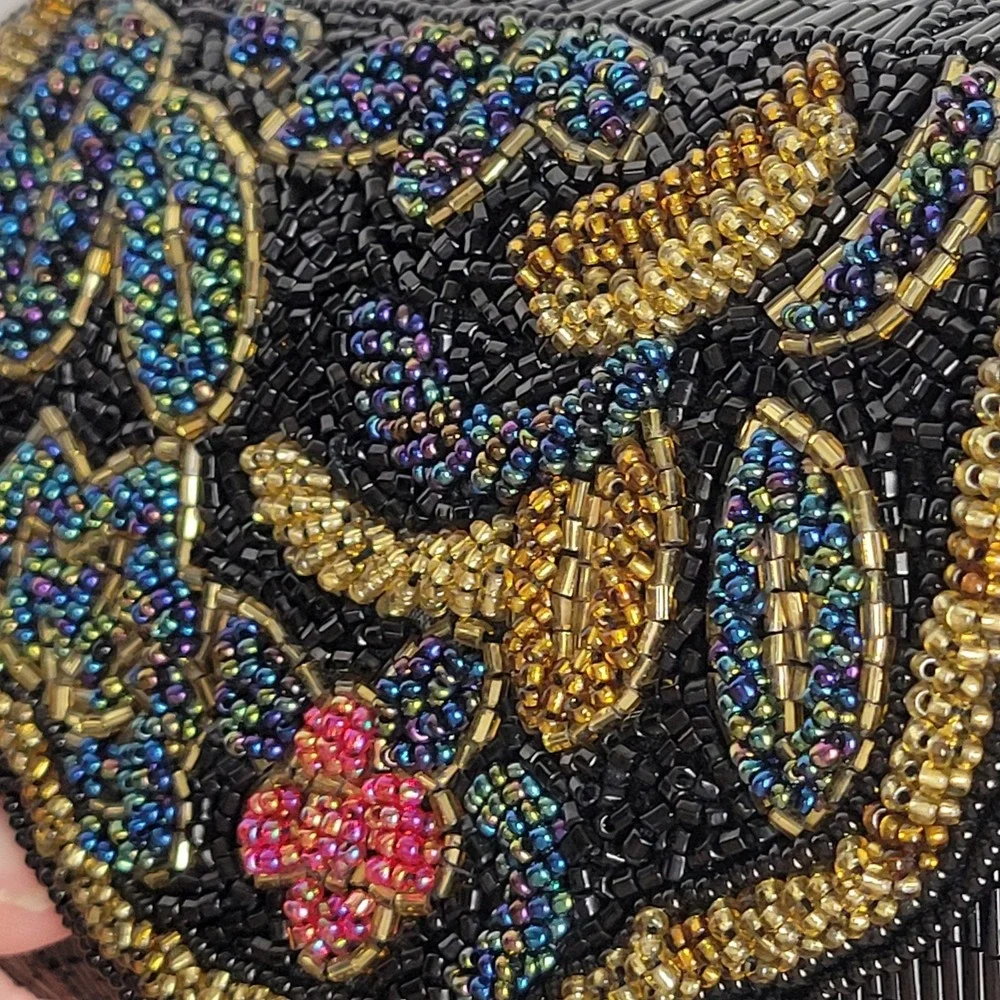 Sasha Handmade Beaded Evening Bag‎ Black Floral Crossbody Vintage Boho